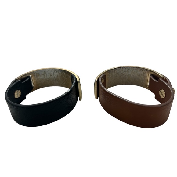 Two Leather Bracelets With Gold Plate ~ One Black, One Brown - Picture 5 of 15